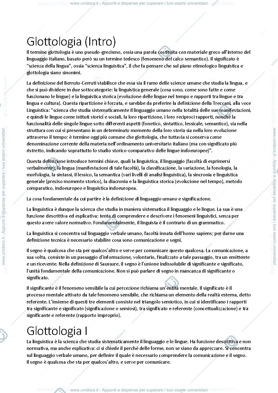 Anteprima pagina 1 — Appunti del corso di glottologia