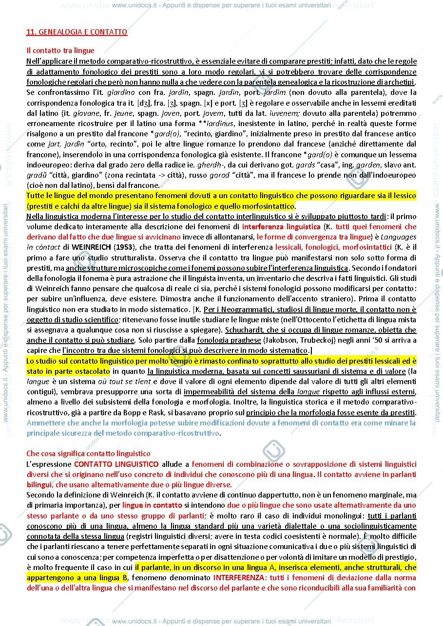 Anteprima pagina 1 — Glottologia Riassunto Capitolo 11. GENEALOGIA E CONTATTO, Sintesi del corso di Glottologia