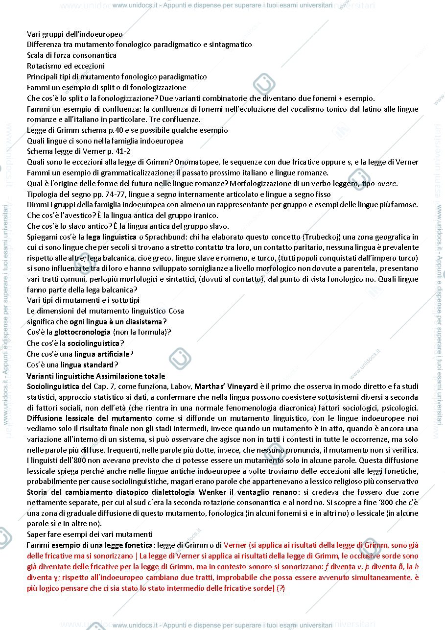 Anteprima pagina 1 — Glottologia Domande e Risposte per Capitoli (7-8-10-11), Prove d'esame di Glottologia