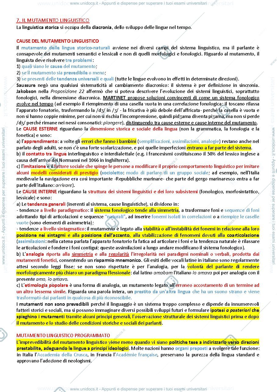 Anteprima pagina 1 — Glottologia Riassunto Capitolo 7. IL MUTAMENTO LINGUISTICO
