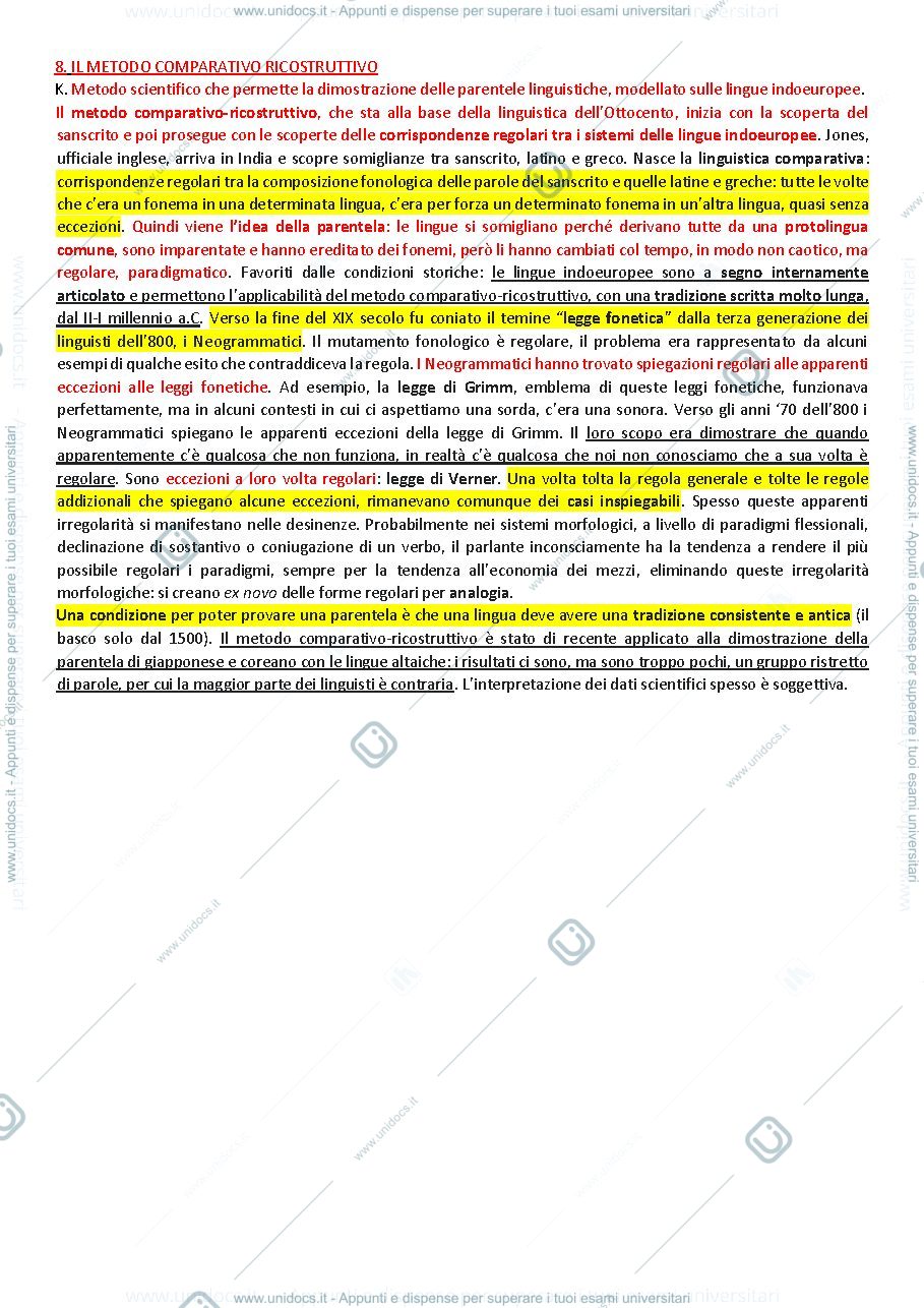 Anteprima pagina 1 — Glottologia Riassunto Capitolo 8. IL METODO COMPARATIVO-RICOSTRUTTIVO, Sintesi del corso di Glottologia