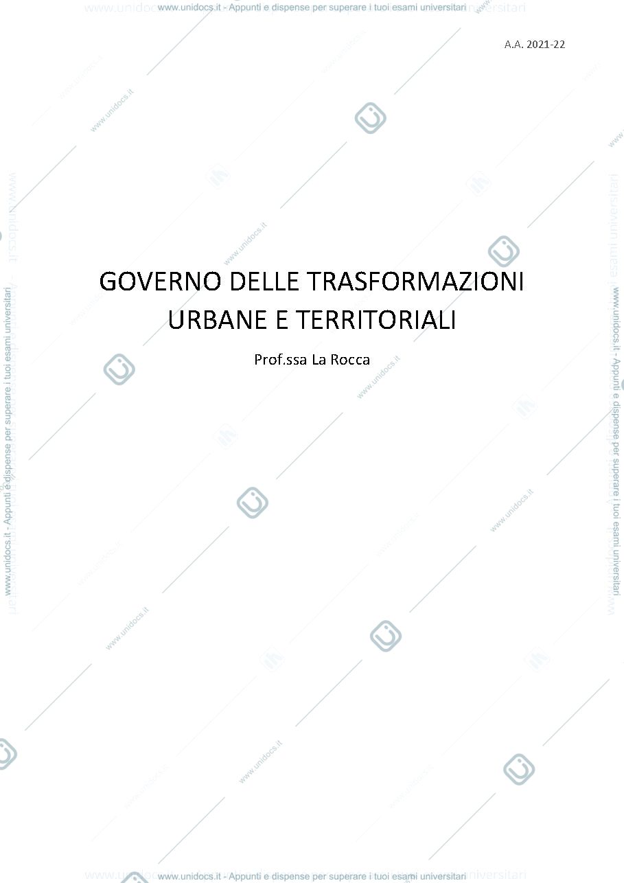 Anteprima pagina 1 — Governo delle Trasformazioni Urbane e Territoriali - Appunti su argomenti d'esame