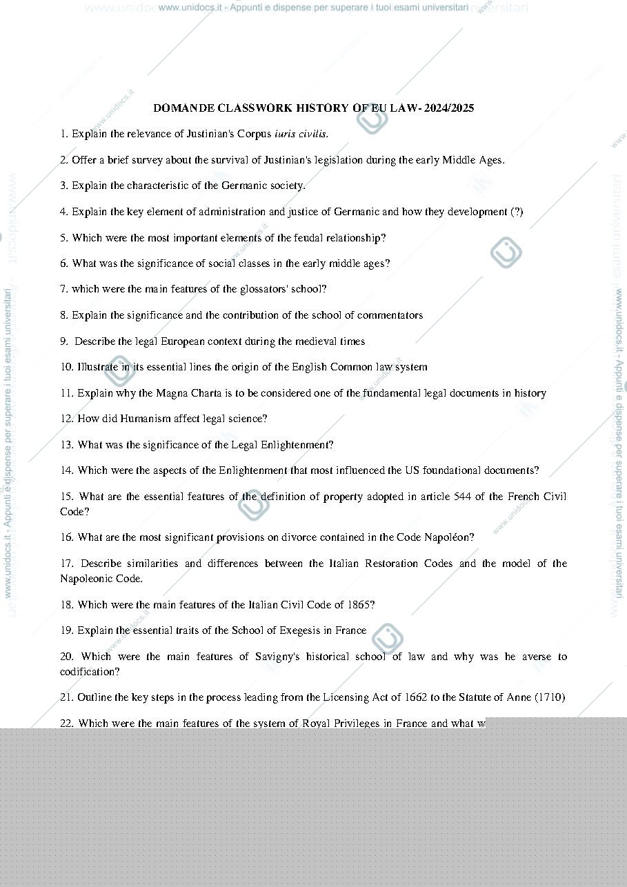 Anteprima pagina 1 — Domande classwork history of European Law