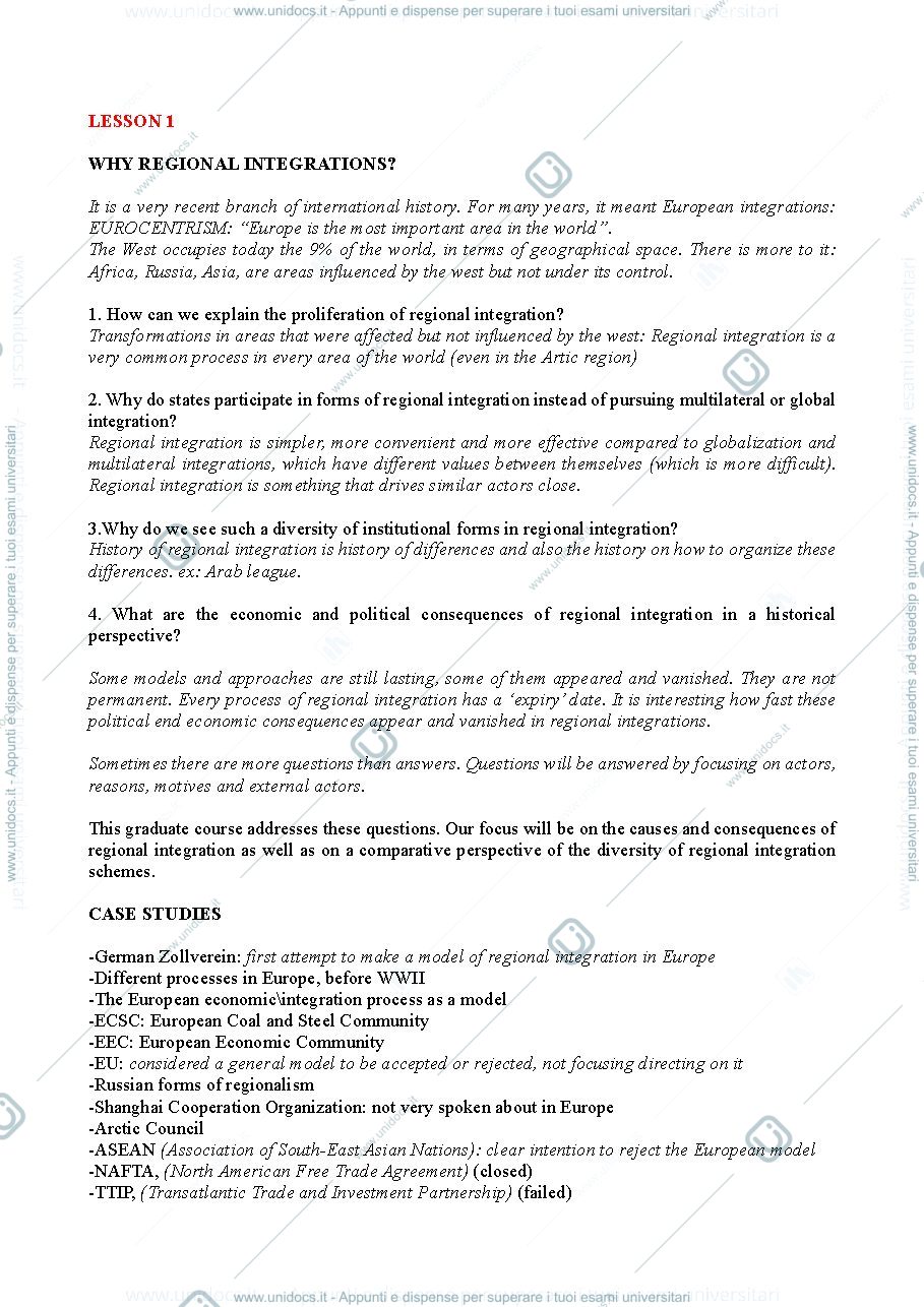 Anteprima pagina 1 — history of regional integrations notes prof Graglia