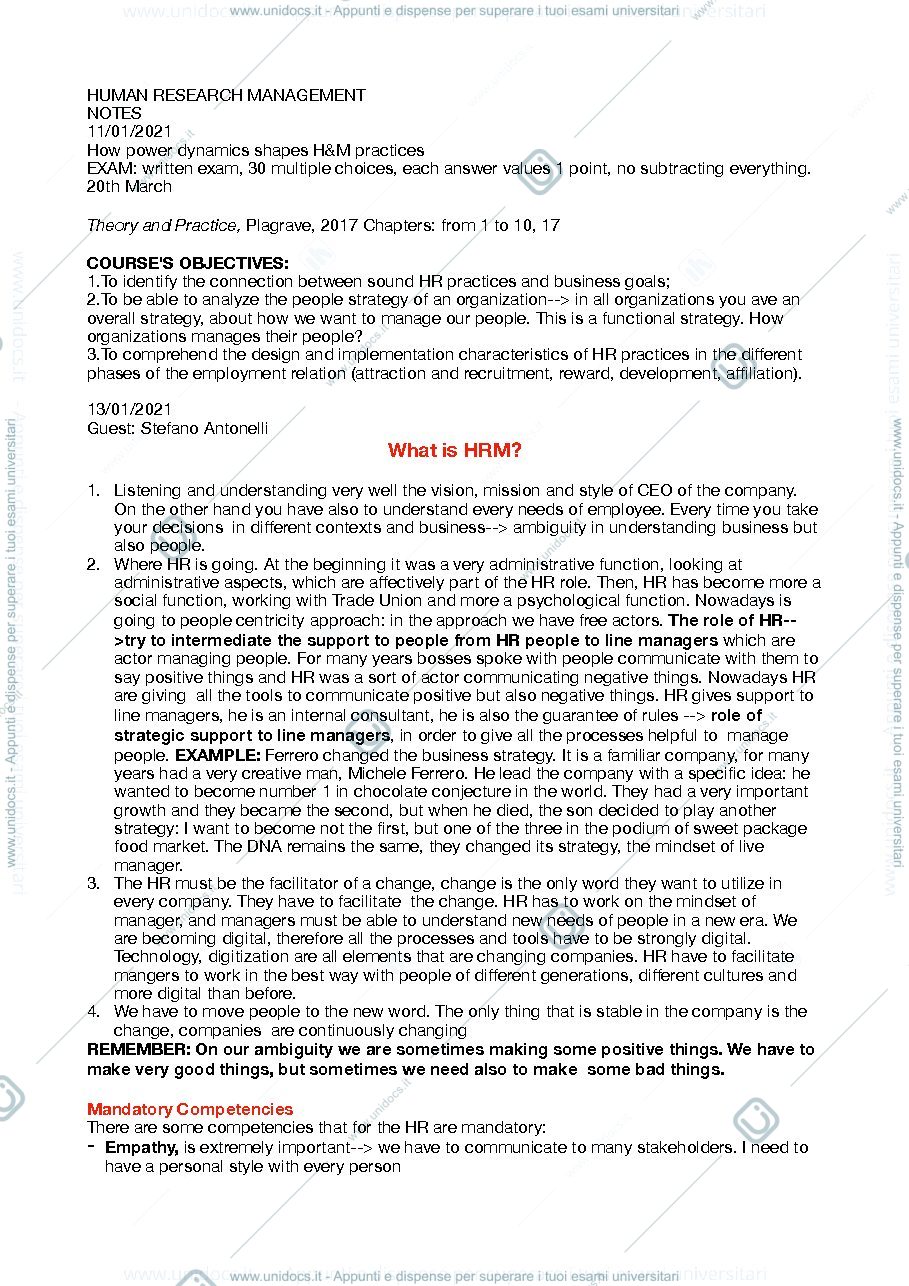 Anteprima pagina 1 — Appunti HRM