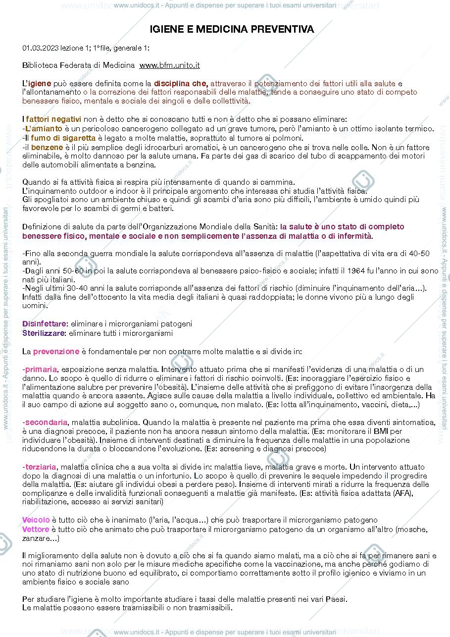 Anteprima pagina 1 — Appunti di Igiene e Medicina Preventiva - Scienze Motorie e Sportive