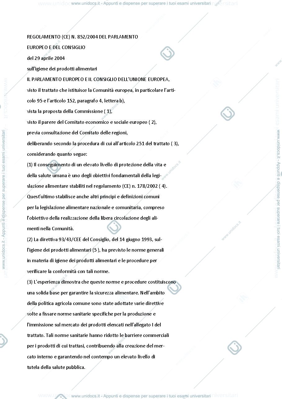 Anteprima pagina 1 — regolamento 852/2004