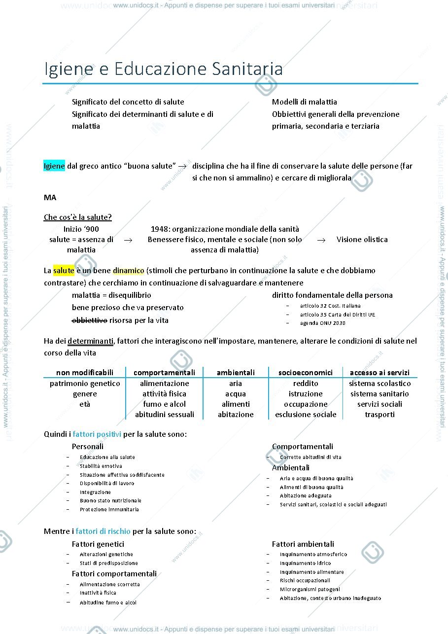 Anteprima pagina 1 — igiene sanitaria appunti 1º anno 