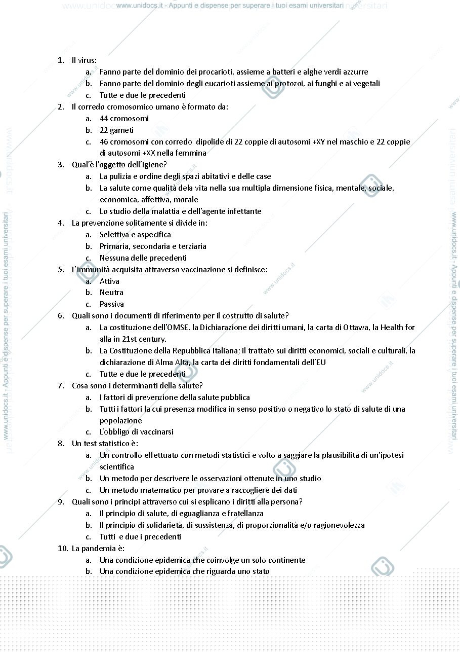Anteprima pagina 1 — Domande esame igiene 