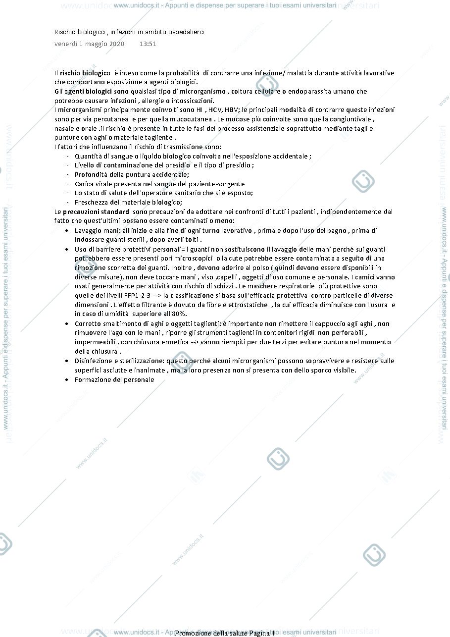 Anteprima pagina 1 — Rischio biologico , infezioni in ambito ospedaliero 
