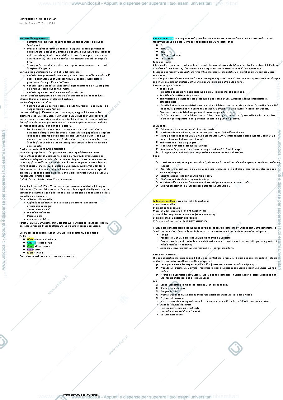 Anteprima pagina 1 — prelievo venoso , arterioso e capillare