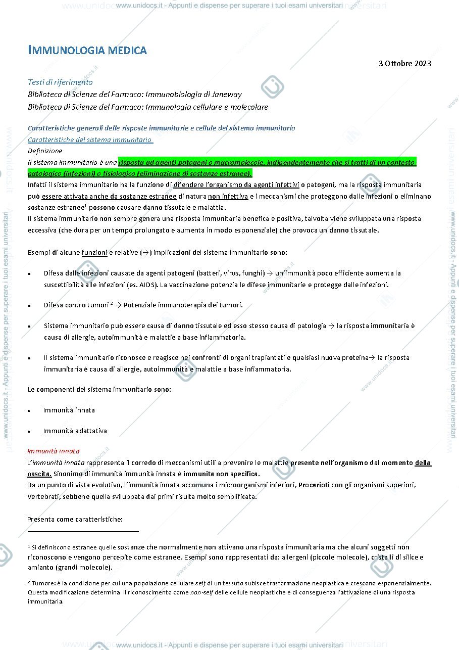 Anteprima pagina 1 — Appunti di Immunologia Medica