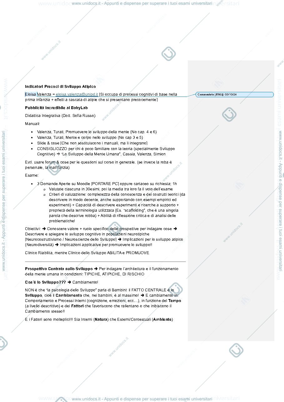 Anteprima pagina 1 — Appunti indicatori precoci dello sviluppo