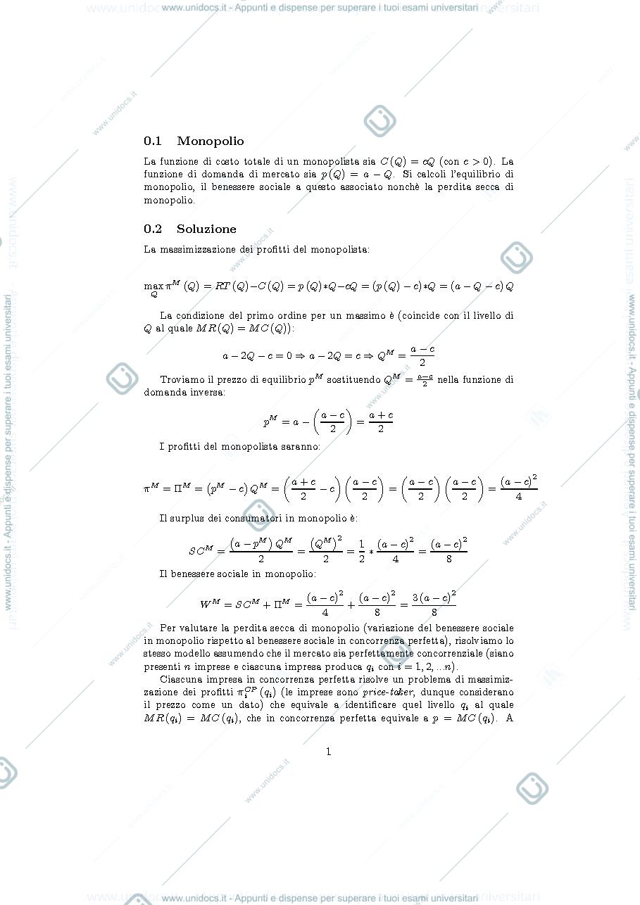 Anteprima pagina 1 — Monopolio e Cournot
