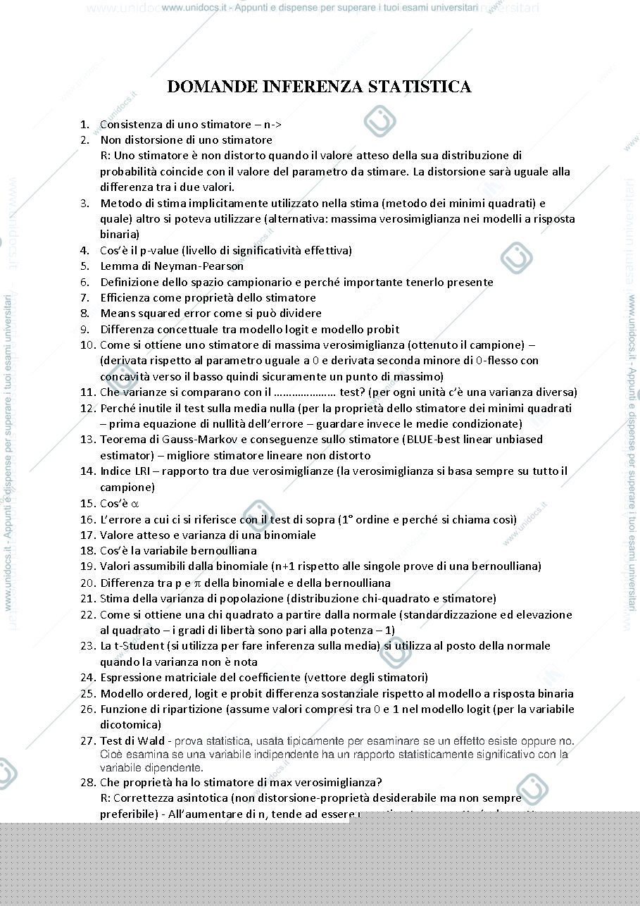 Anteprima pagina 1 — Domande esame inferenza statistica