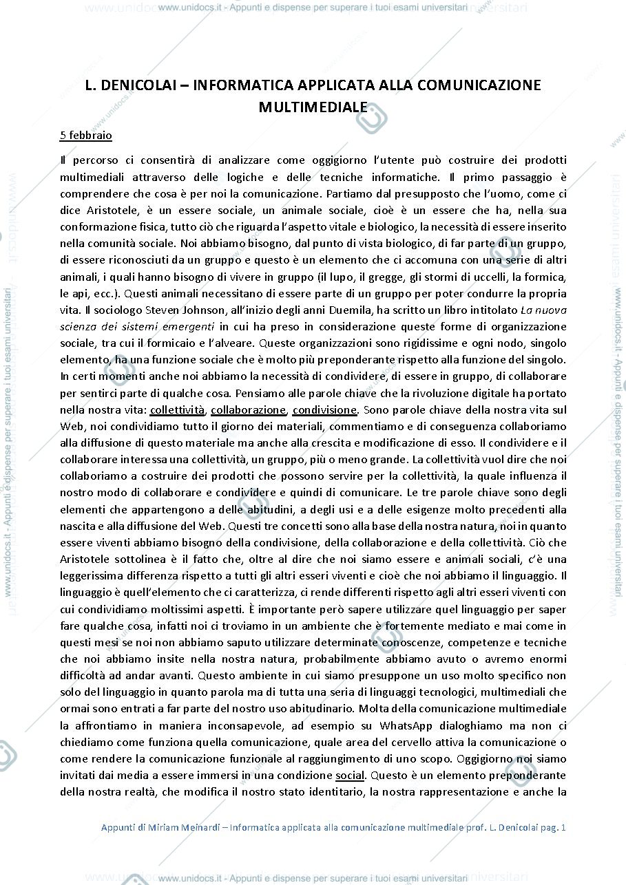 Anteprima pagina 1 — Appunti del corso di Informatica applicata alla comunicazione multimediale