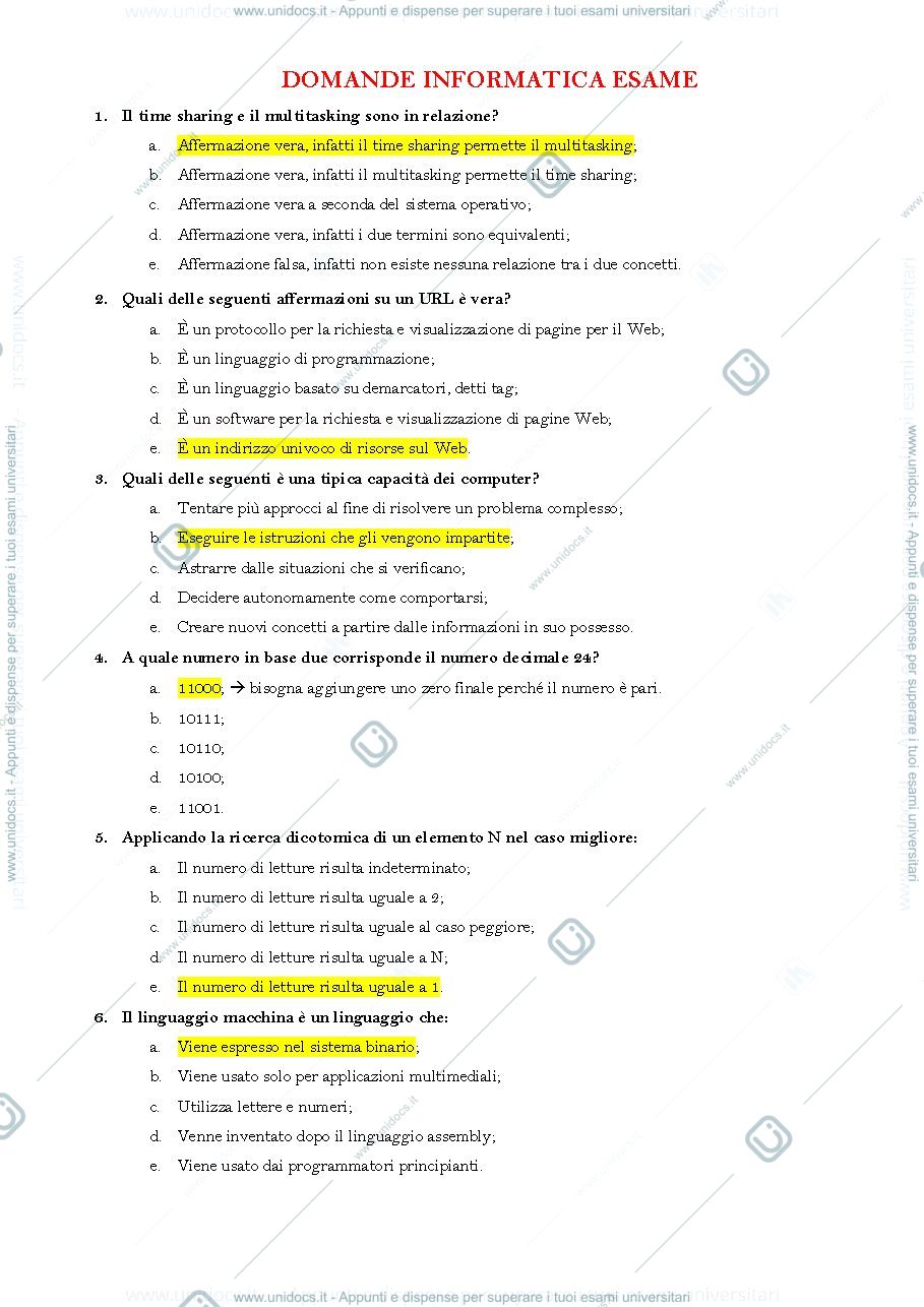 Anteprima pagina 1 — Domande per esercitazione di informatica