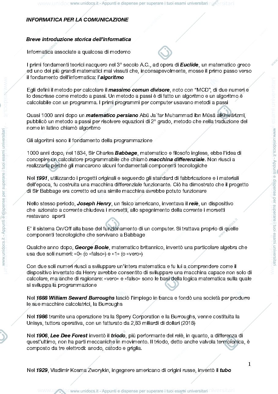 Anteprima pagina 1 — Appunti scritti a computer informatica per la comunicazione