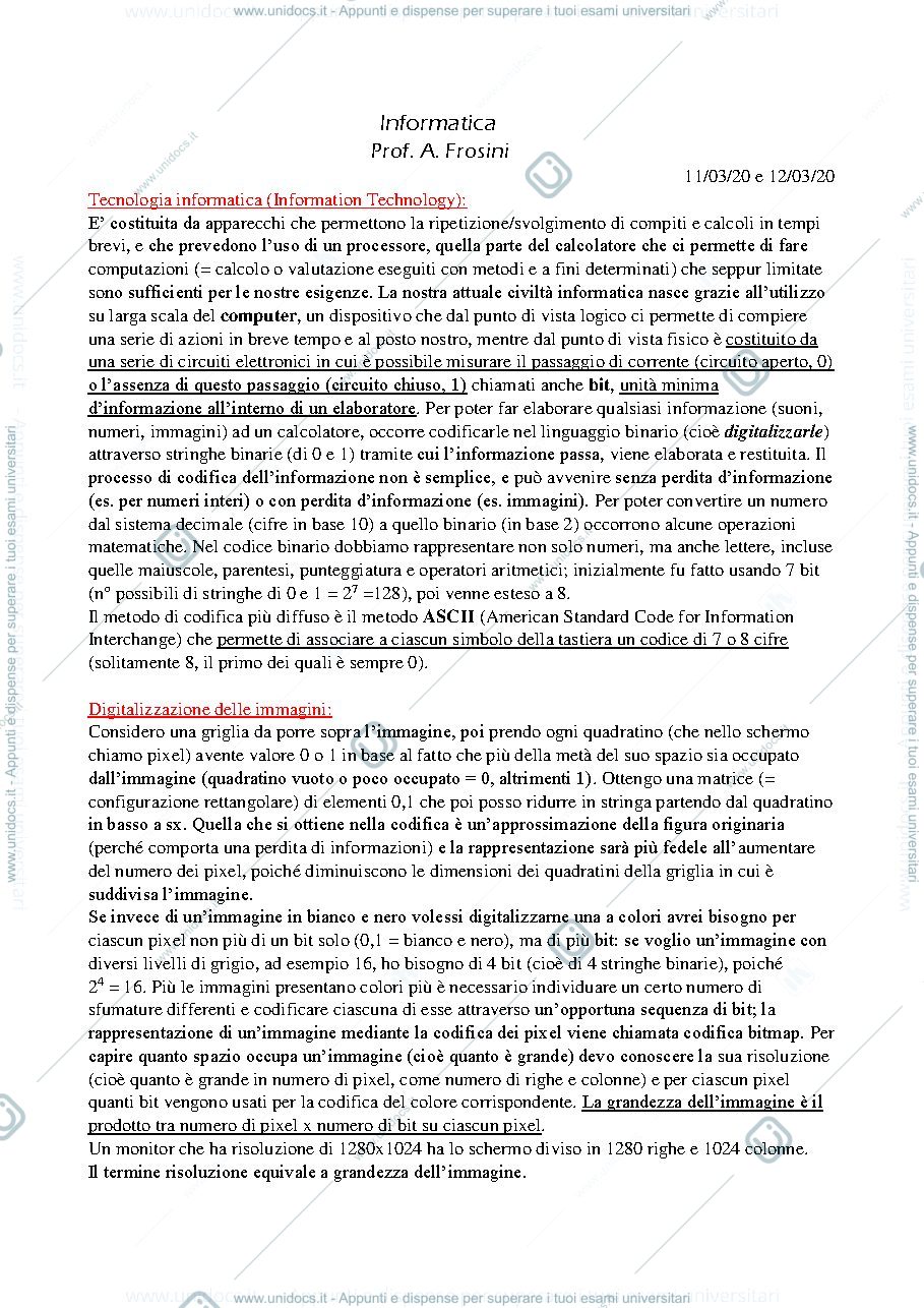 Anteprima pagina 1 — Appunti teoria di informatica prof. Frosini