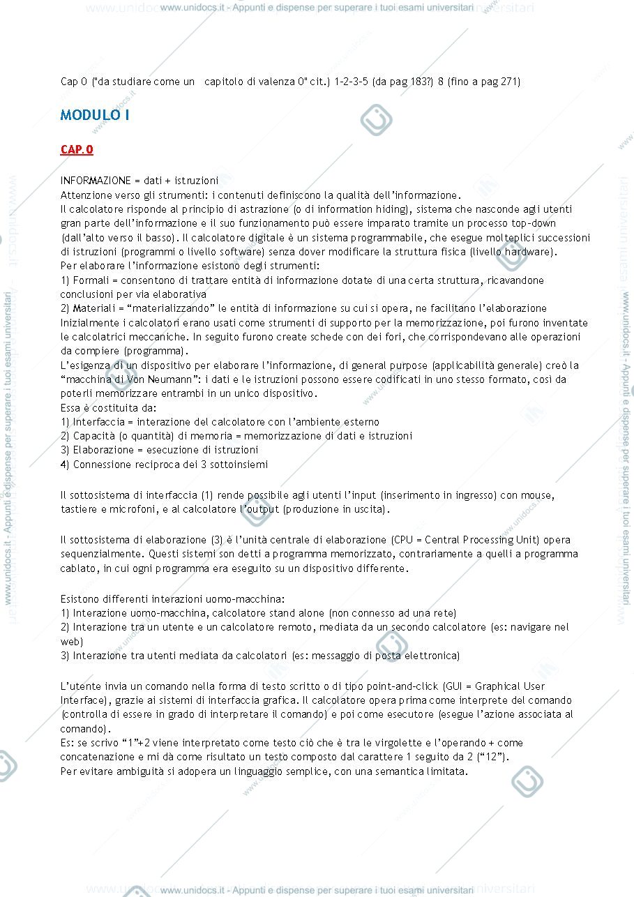Anteprima pagina 1 — Riassunto cap.0,4,8 "Informatica e cultura dell'informazione" (Pergola/Frosini)