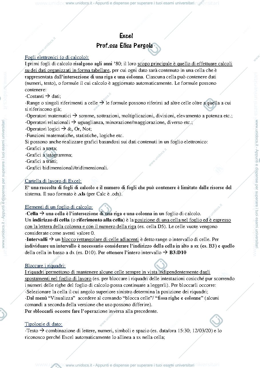 Anteprima pagina 1 — Appunti e sintassi funzioni di Excel prof. Pergola