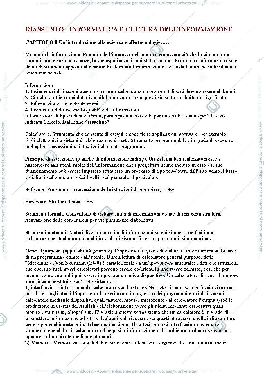 Anteprima pagina 1 — Riassunto "Informatica e cultura dell'informazione"