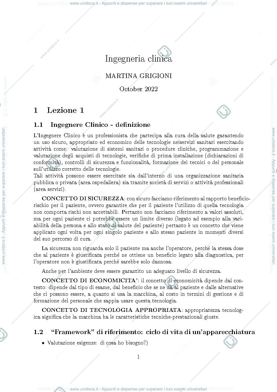 Anteprima pagina 1 — Appunti Ingegneria Clinica 