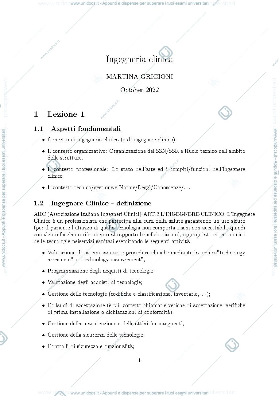 Anteprima pagina 1 — Ingegneria clinica appunti completi 