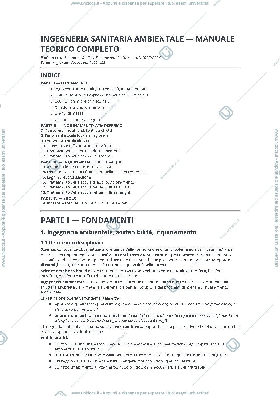 Anteprima pagina 1 — Dispense Teoriche - INGEGNERIA SANITARIA AMBIENTALE