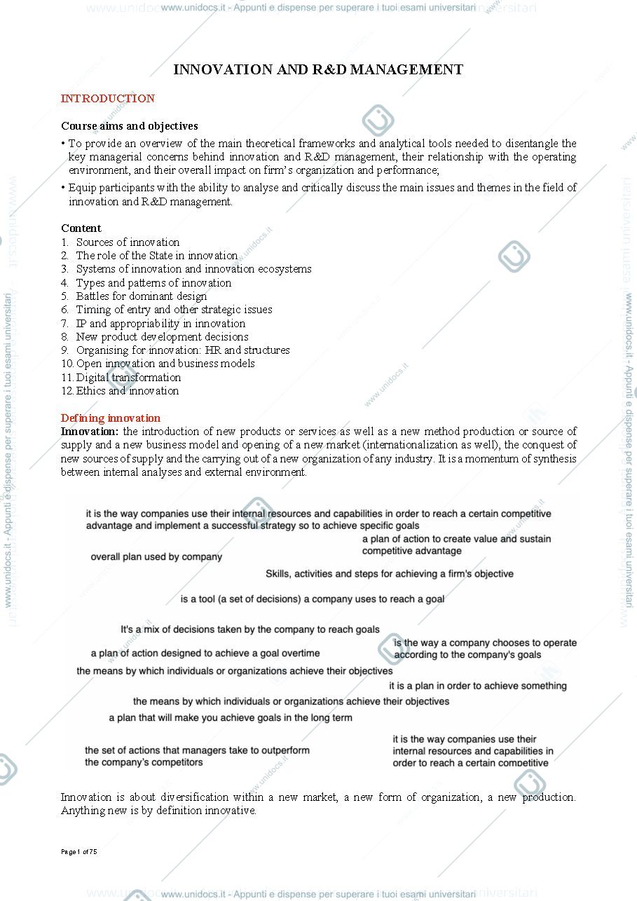 Anteprima pagina 1 — Innovation and R&D Management summary part 1
