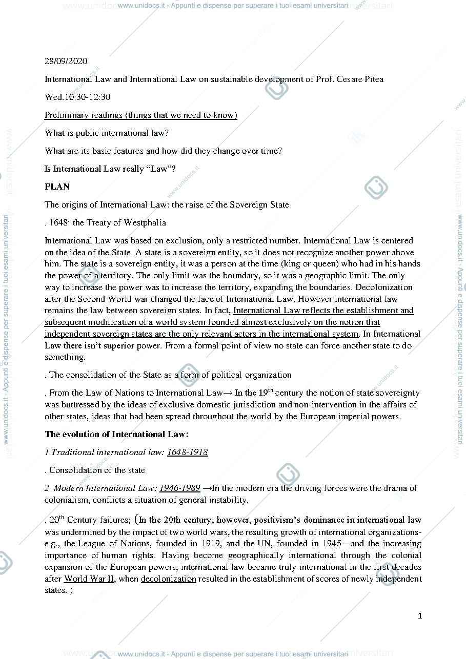 Anteprima pagina 1 — Appunti International Law and International Law on Sustainable Development