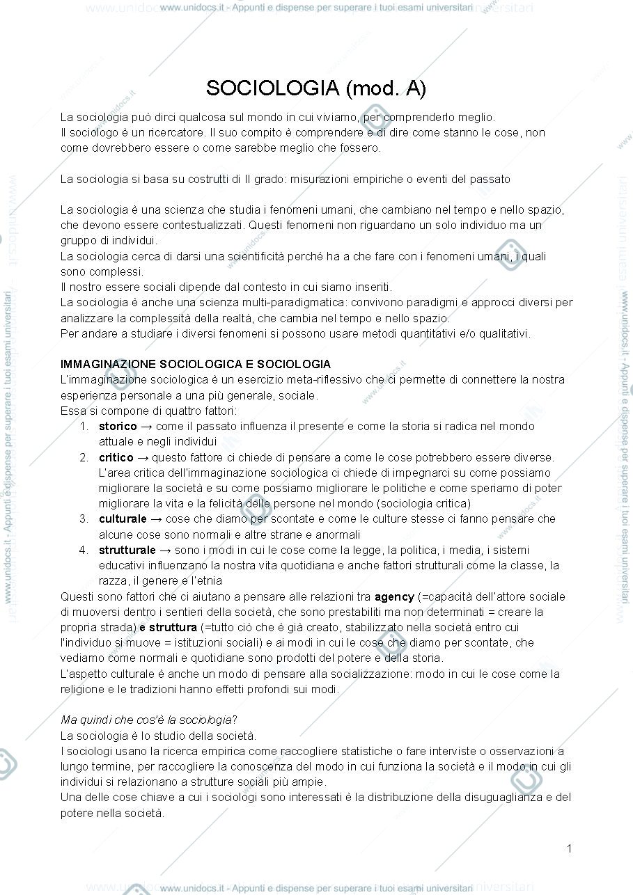 Anteprima pagina 1 — appunti completi introduzione alla sociologia mod. A a.a. 2022/23 prof. Visentin