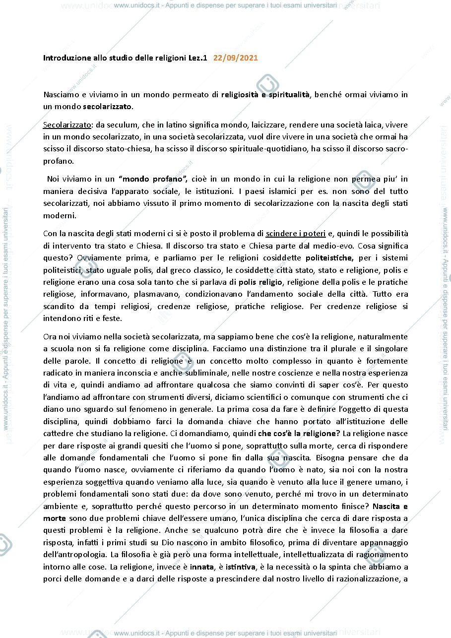 Anteprima pagina 1 — Lezione di introduzione allo studio  delle religioni