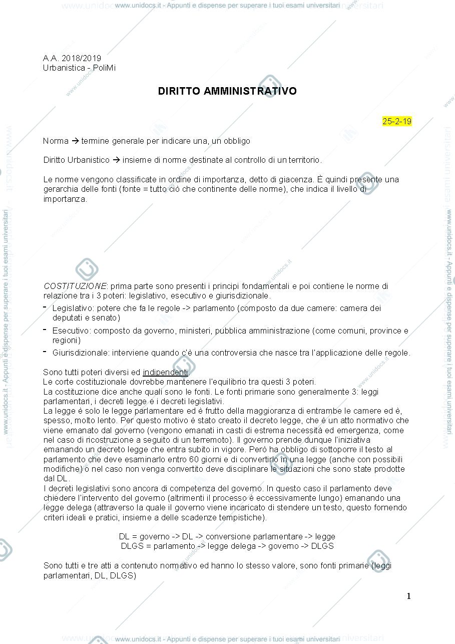 Anteprima pagina 1 — Appunti diritto amministrativo