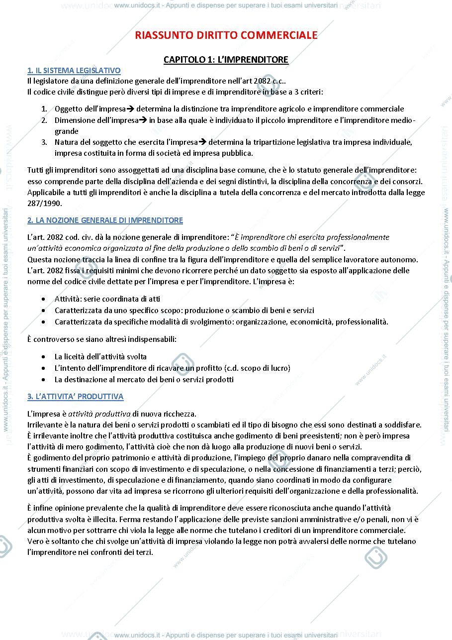 Anteprima pagina 1 — Riassunto Istituzioni di diritto commerciale 