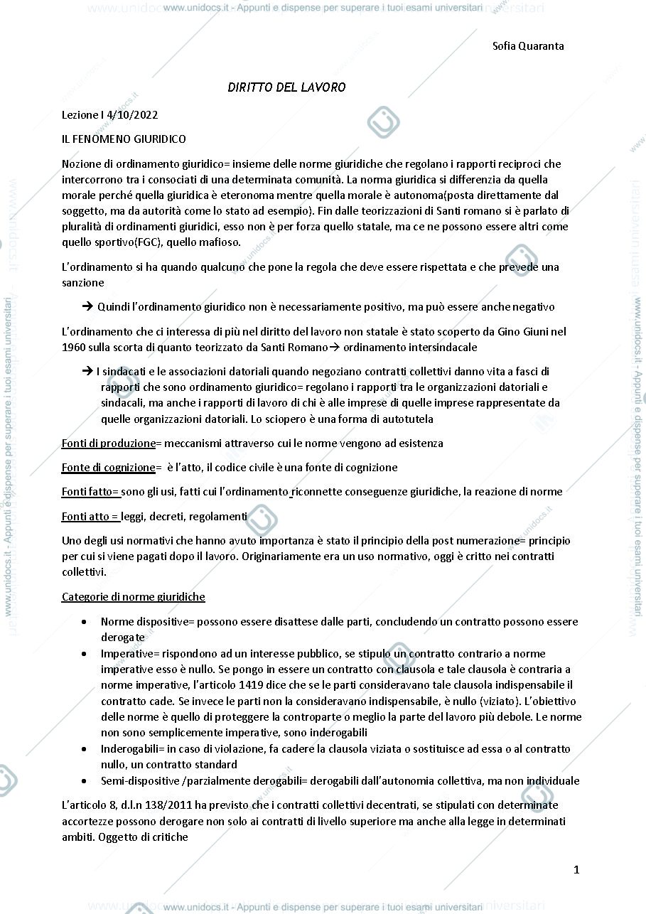 Anteprima pagina 1 — Diritto del lavoro 