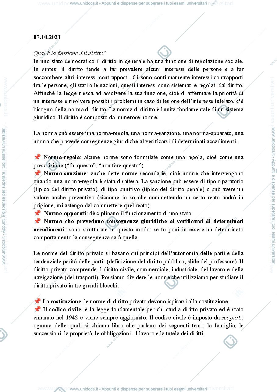 Anteprima pagina 1 — Appunti di diritto privato dal 07.10.2021 al 15.10.2021