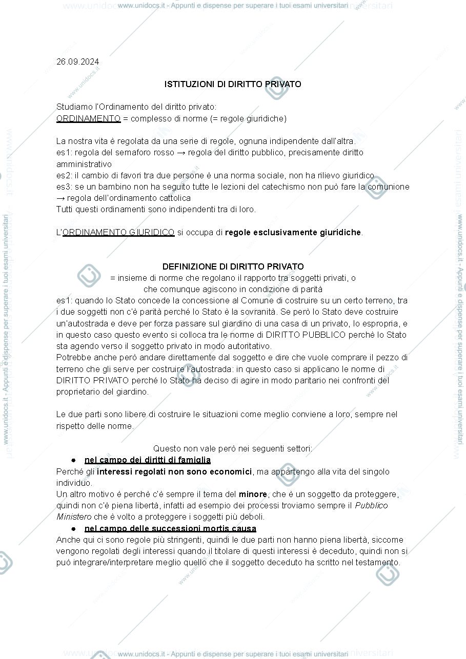 Anteprima pagina 1 — Appunti presi a lezione Istituzioni di diritto privato Prof.ssa Tagliapietra