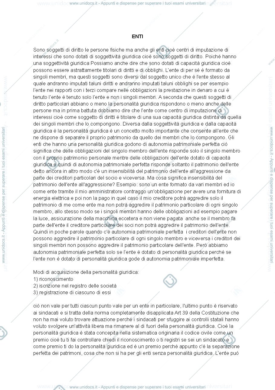 Anteprima pagina 1 — Appunti dettagliagli sugli Enti diritto privato