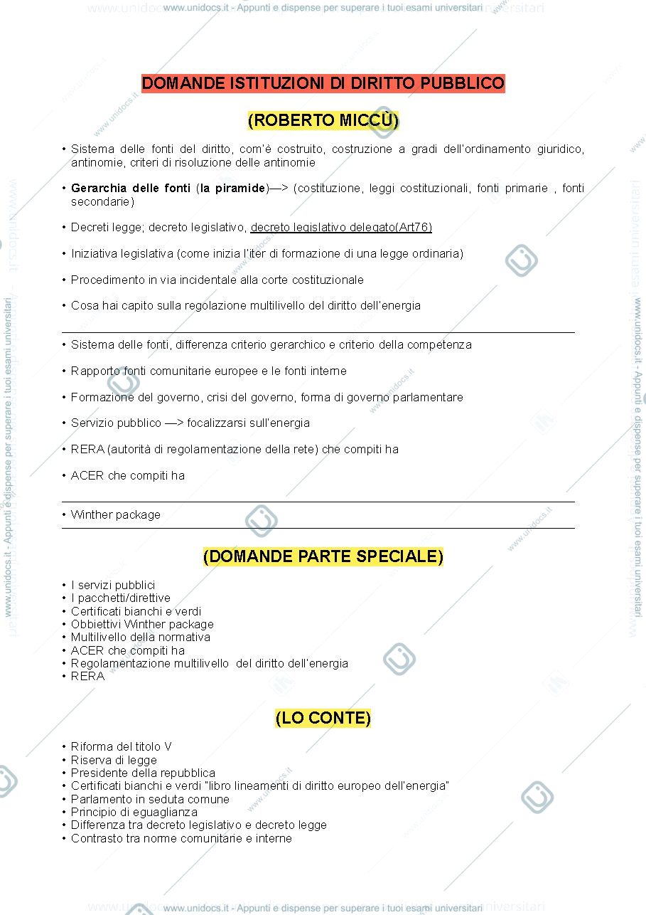 Anteprima pagina 1 — Domande  più frequenti per l’esame di istituzioni di diritto pubblico - Roberto miccù