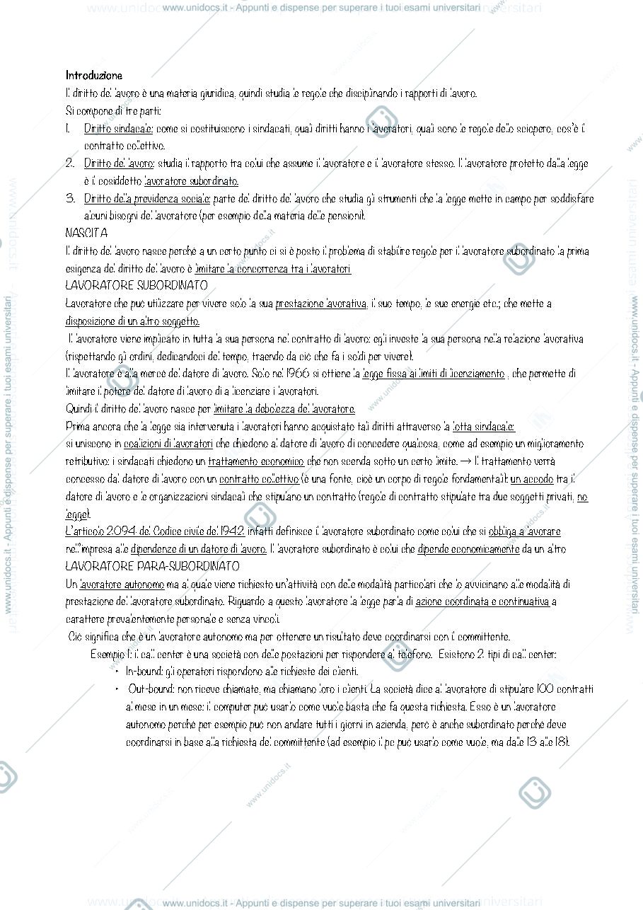 Anteprima pagina 1 — Appunti di diritto del lavoro 