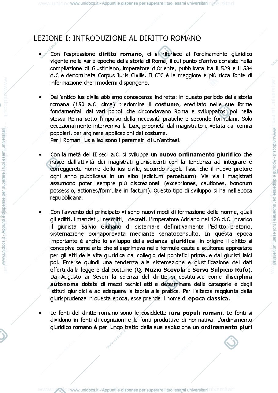 Anteprima pagina 1 — Dispensa Appunti di Istituzioni di Diritto Romano