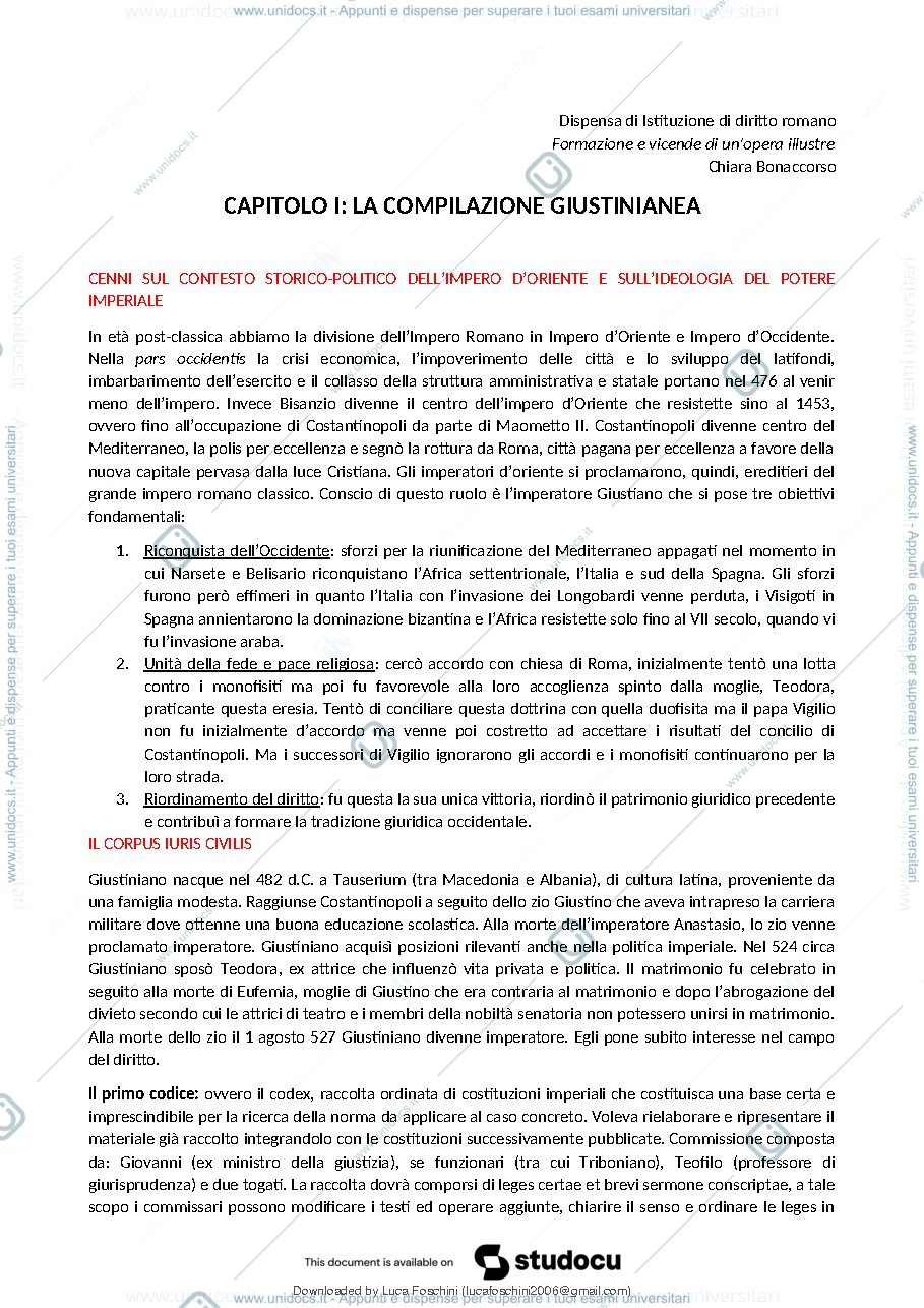 Anteprima pagina 1 — Dispensa di istituzioni di diritto romano