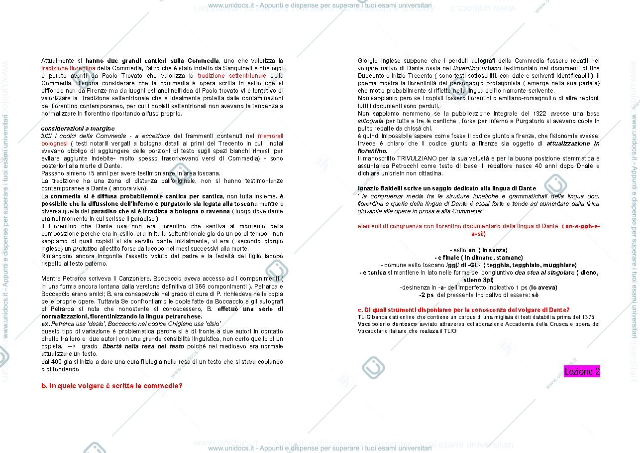 Anteprima pagina 2 — Istituzioni di Storia di Lingua Italiana- modulo su Dante