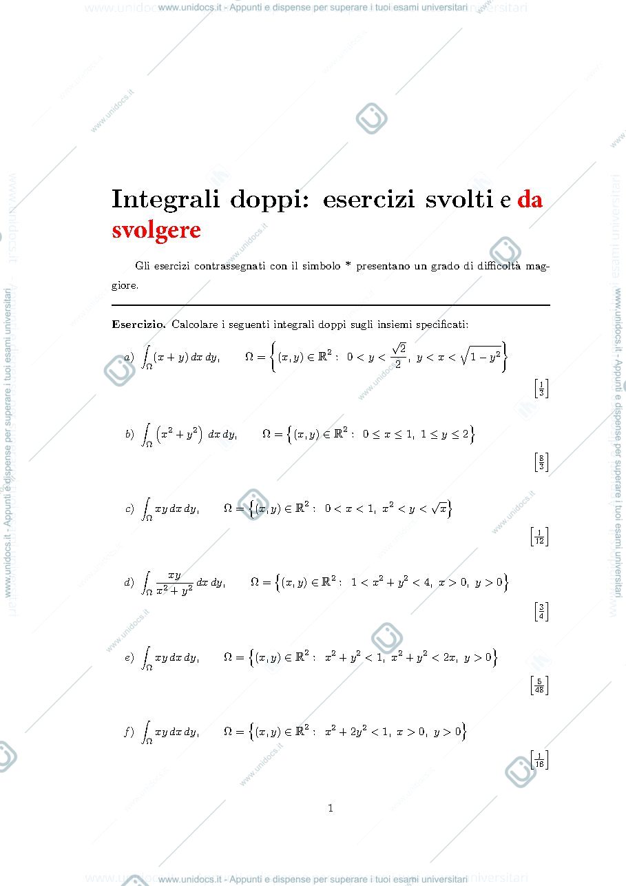 Anteprima pagina 1 — esercizi svolti su integrali doppi