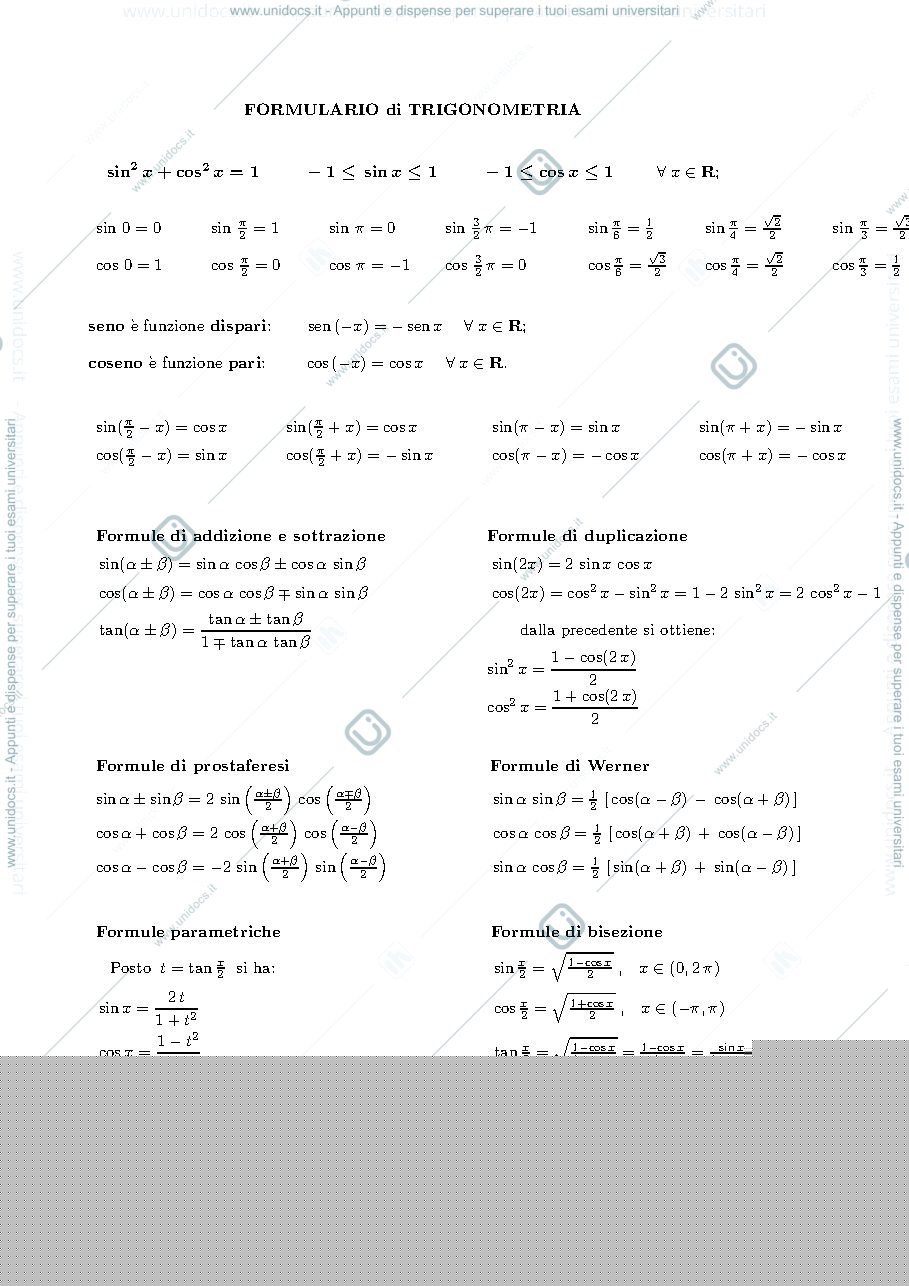 Anteprima pagina 1 — Formulario di trigonometria