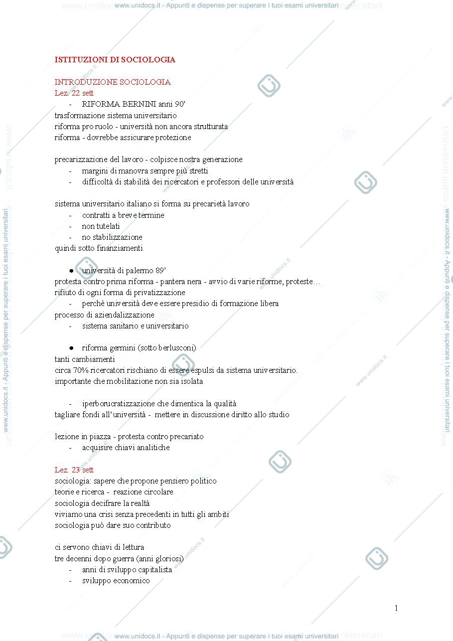 Anteprima pagina 1 — Appunti istituzioni di sociologia
