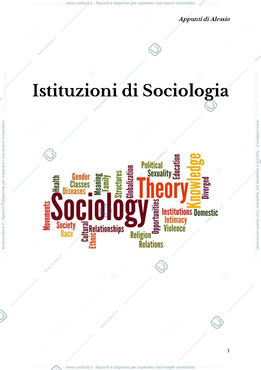 Anteprima pagina 1 — Istituzioni di sociologia (appunti studio)