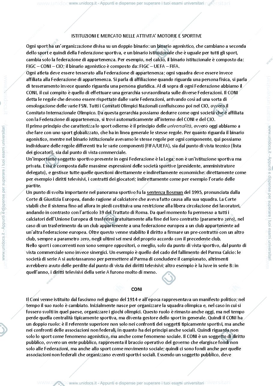 Anteprima pagina 1 — ISTITUZIONI E MERCATO NELLE ATTIVITA' MOTORIE E SPORTIVE