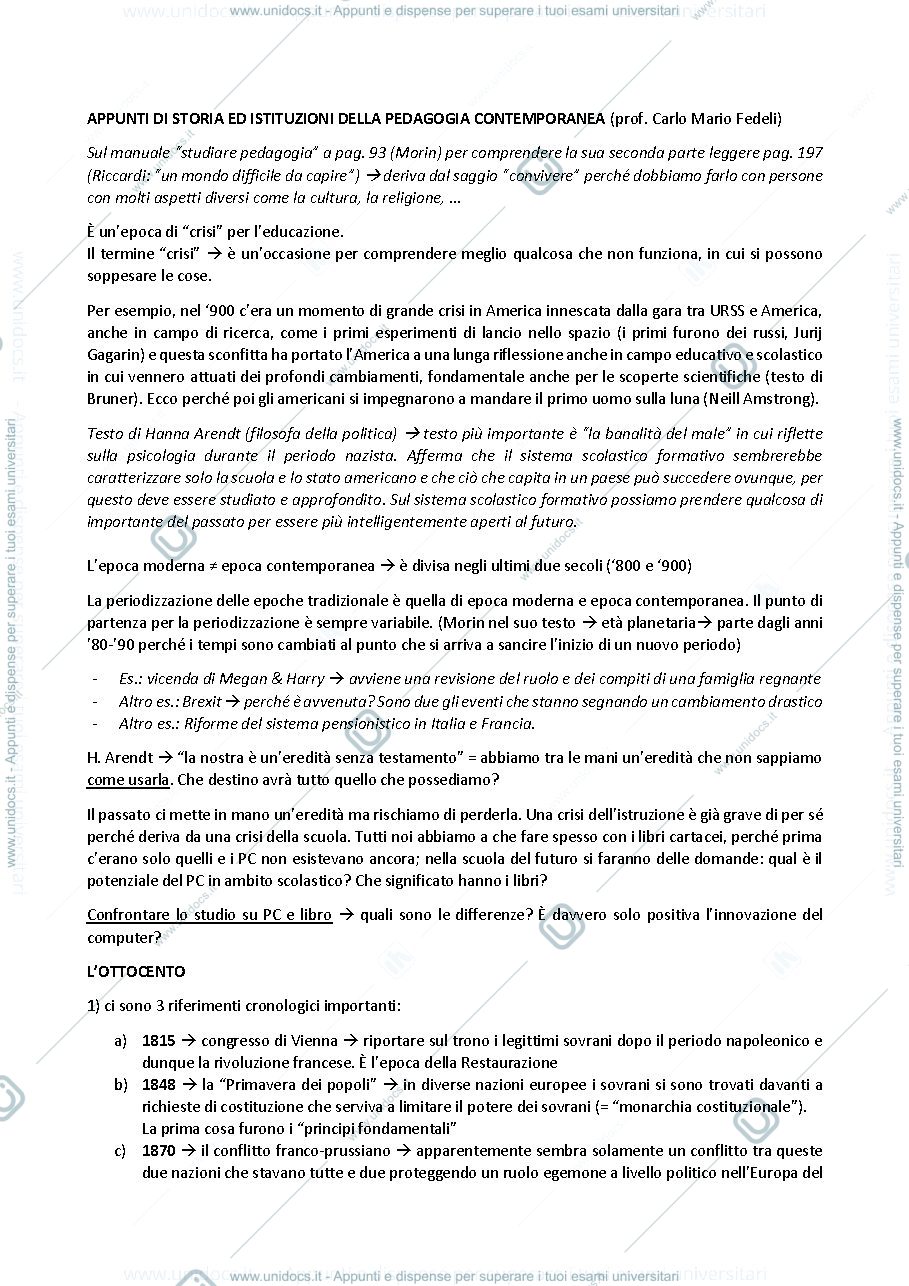 Anteprima pagina 1 — STORIA E ISTITUZIONI DI PEDAGOGIA CONTEMPORANEA - Prof. FEDELI